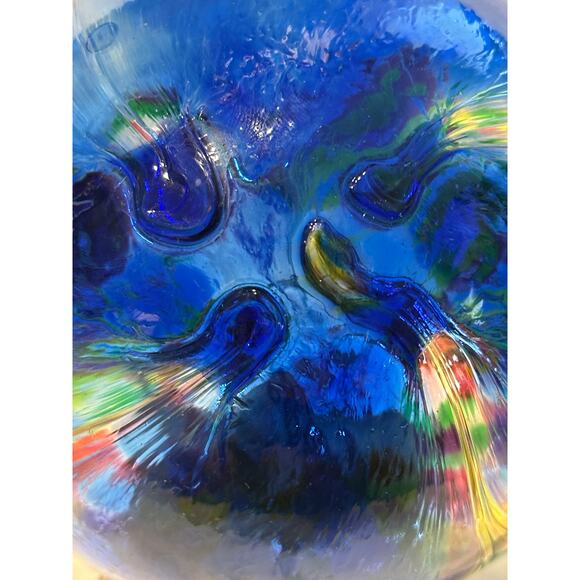 Glass Art Studio Hand Blown  Blue, Yellow, Purple, Green Ornament Size 7”x7” - Picture 5 of 10